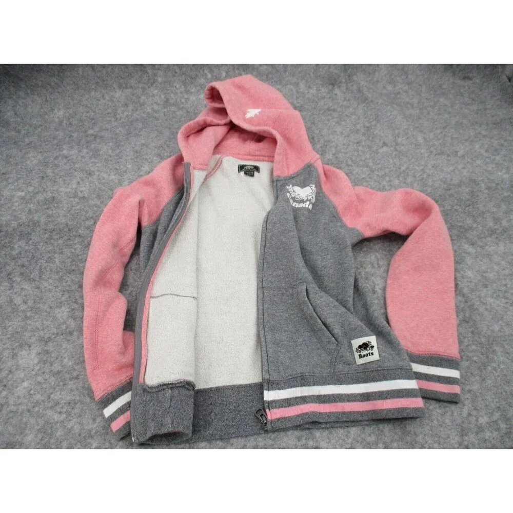 Roots Kids Sweatshirt Hoodie XXL 13 14 Years Pink Gray Pockets Zipper Casual